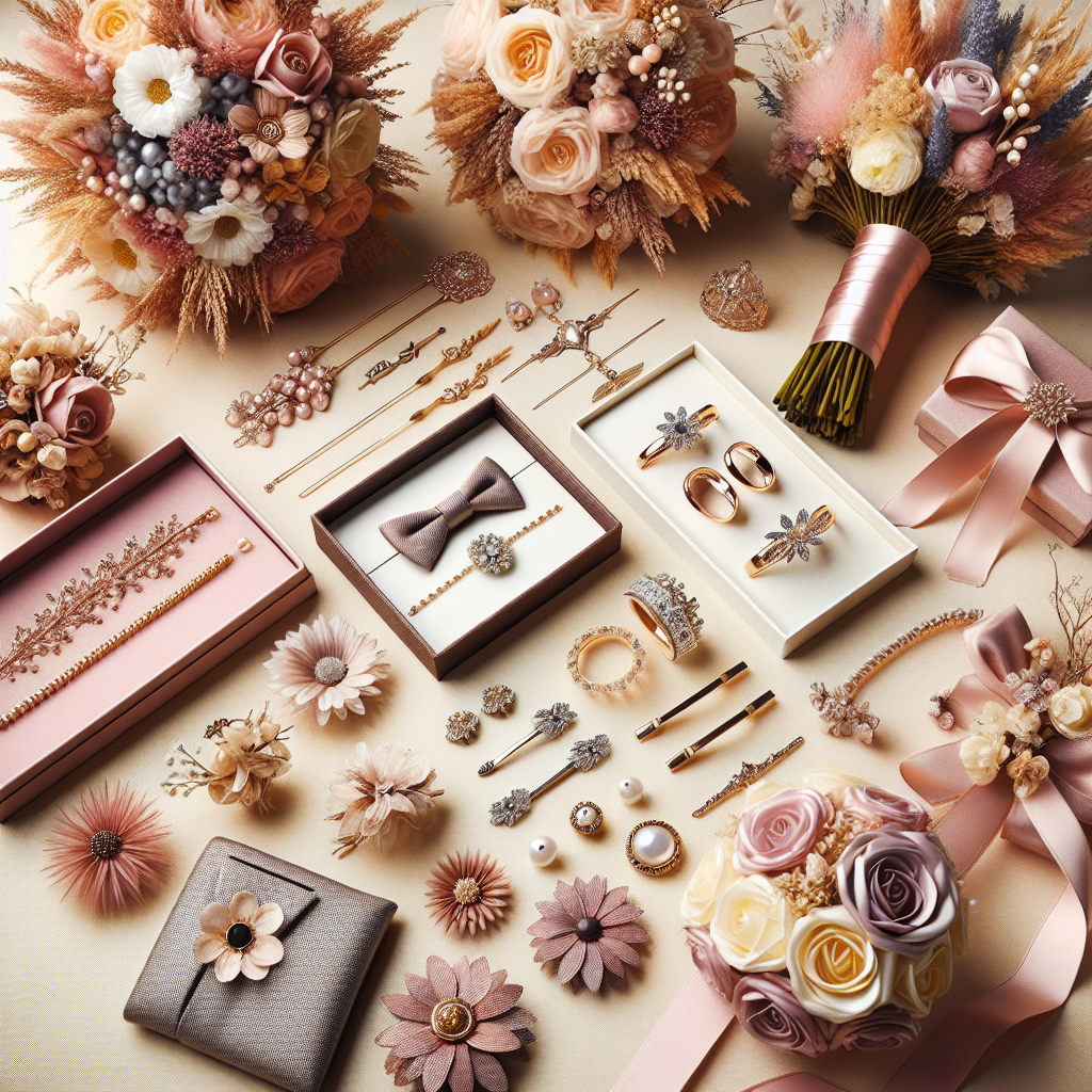 Un ensemble magnifiquement arrangé d'accessoires de mariage, y compris des bouquets de fleurs séchées, des couronnes de fleurs pour les demoiselles d'honneur et des boutons de manchette personnalisés pour les garçons d'honneur. Aussi, des bijoux délicats et des accessoires pour cheveux faits de perles, de rubans et de fleurs artificielles sont élégamment exposés.
