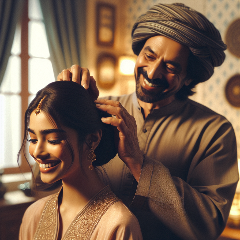 Un proche aidant une future mariée à se coiffer en chignon, les deux souriant et partageant un moment agréable dans une pièce accueillante.