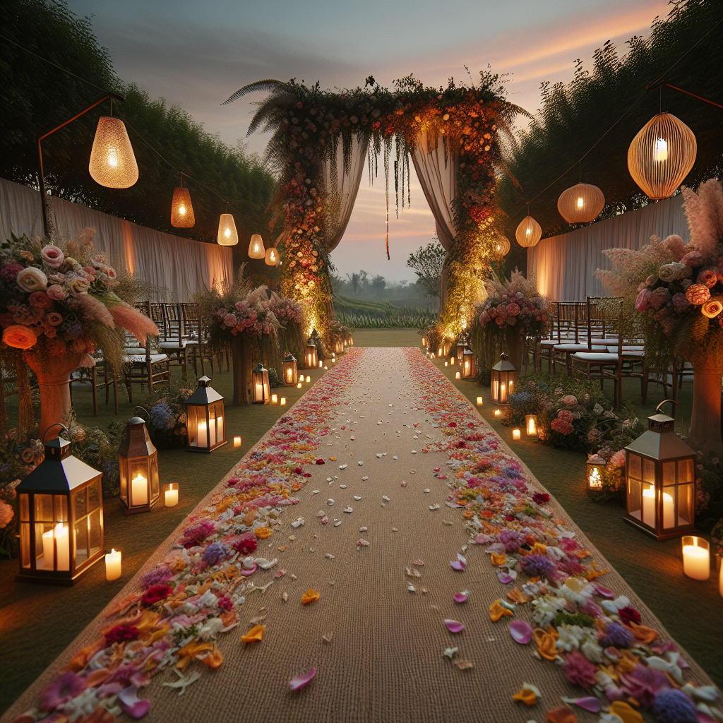 Une allée de mariage magique ornée de tapis en fibres naturelles, de pétales de fleurs éparpillées et de lanternes offrant une lumière douce.