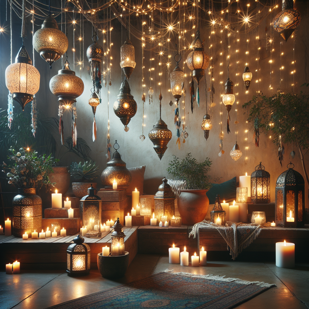 Un espace convivial avec des lanternes suspendues, des bougies en abondance et des guirlandes lumineuses créant une atmosphère magique et romantique.