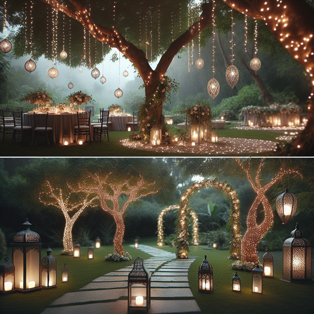 Ambiance lumineuse extérieure pour mariage avec des guirlandes lumineuses suspendues dans les arbres et autour des arches, des lanternes décoratives placées le long des allées et sur les tables.