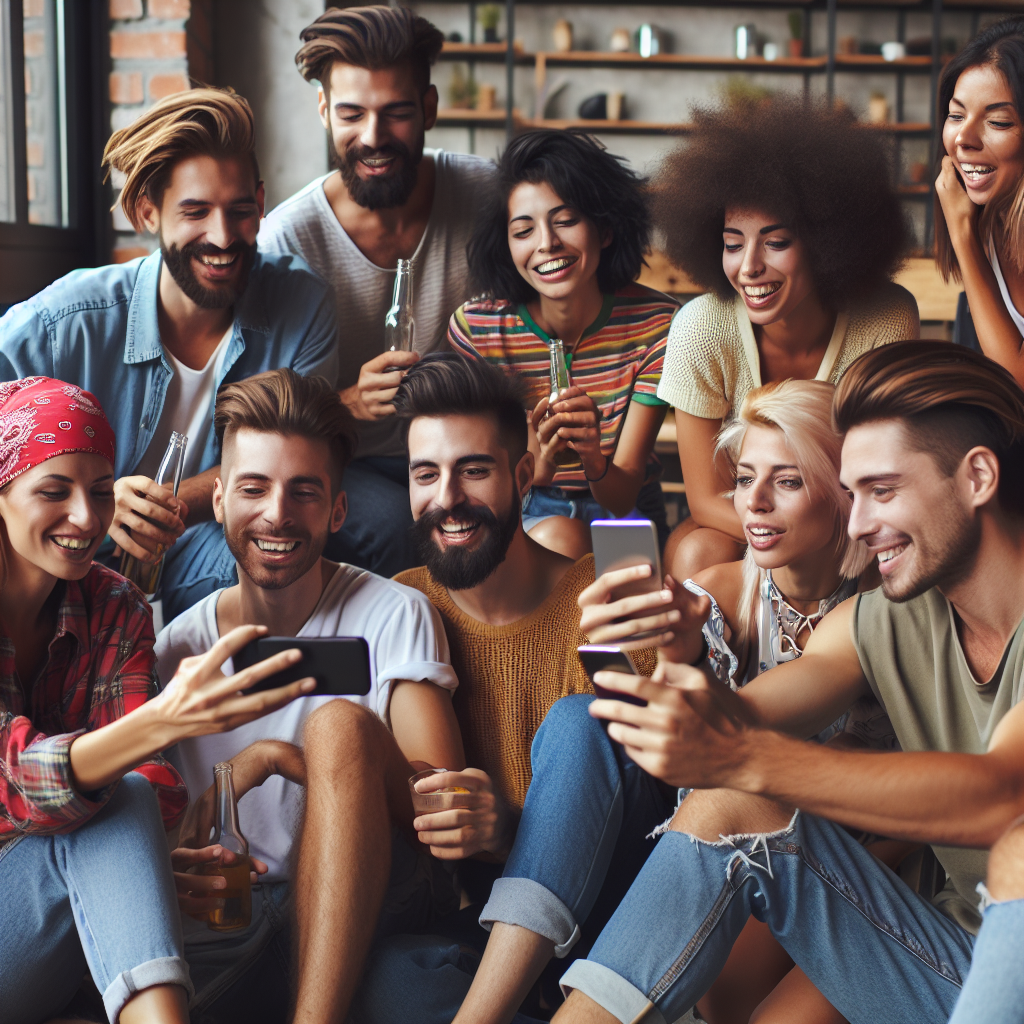 Un groupe d'amis, de membres de la famille et de collègues discutant et montrant des photos sur leurs téléphones de leurs coupes de cheveux. L'ambiance est conviviale et détendue.