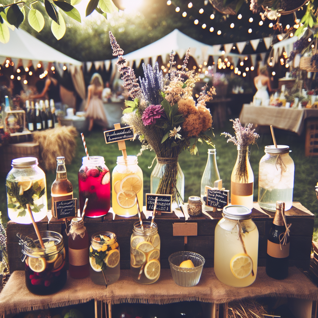 Buffet de mariage champêtre avec des boissons rafraîchissantes et originales, incluant un bar à limonade, des cocktails maison, des jus de fruits frais, et une sélection de vins locaux et bières artisanales.