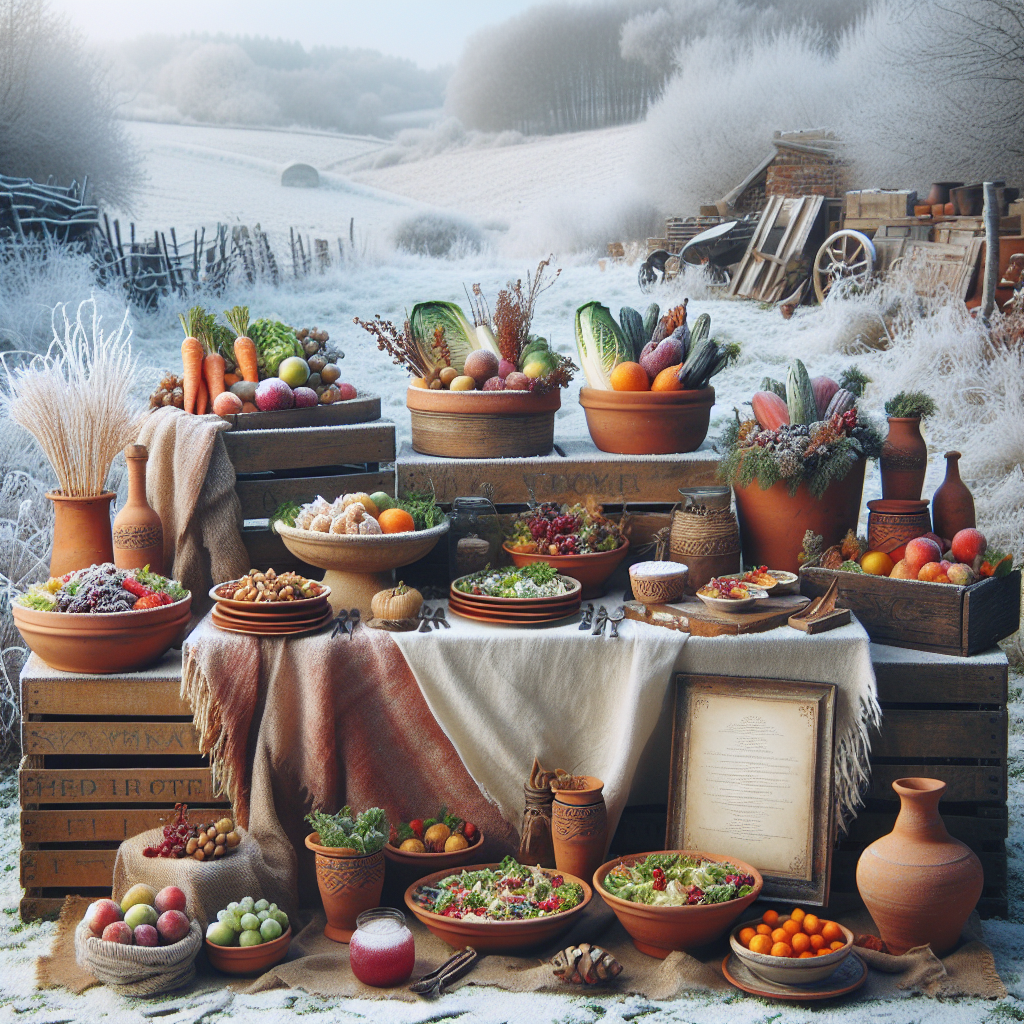 Un buffet champêtre avec des caisses en bois, des pots en terre cuite et des nappes en lin. On y trouve des mets simples comme des salades, des fruits de saison et des plats régionaux.