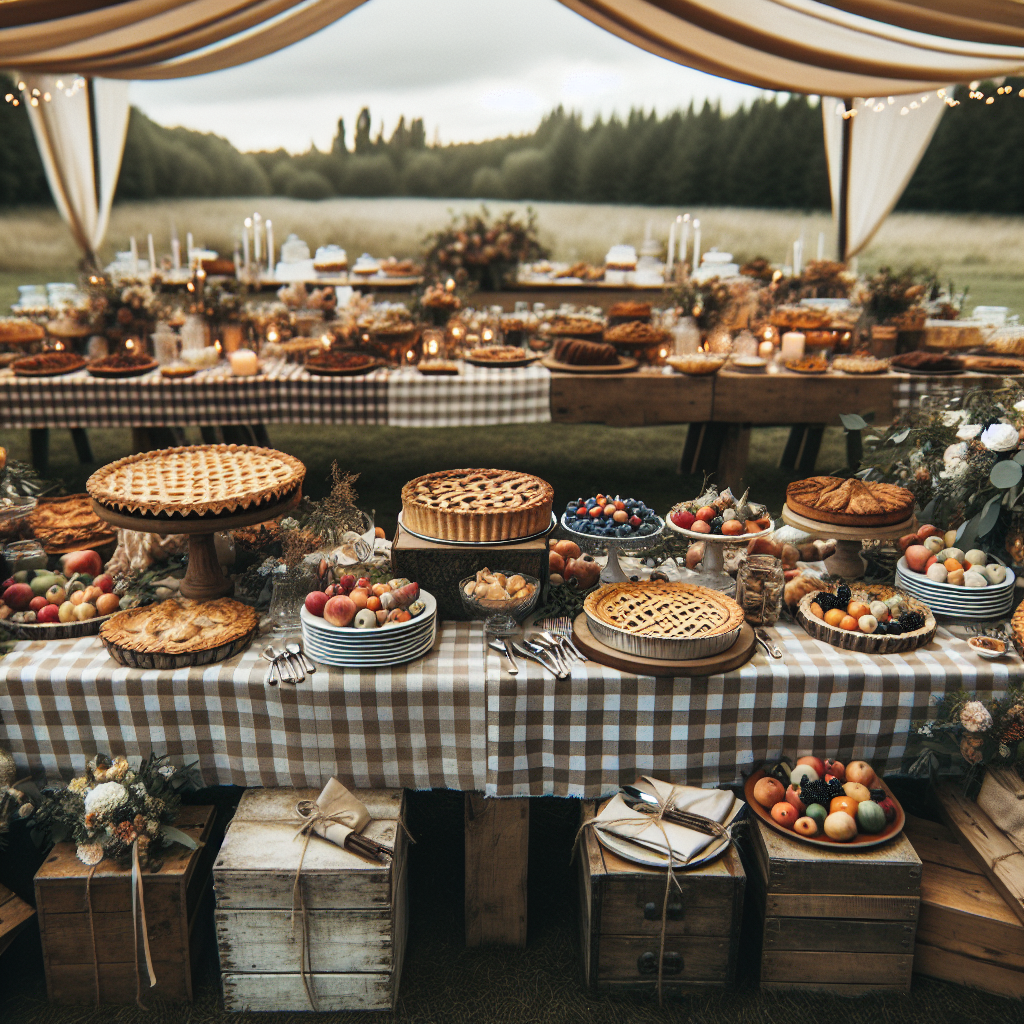 Un buffet de mariage champêtre avec des produits locaux et de saison, des tables en bois nappées de tissus à carreaux créant une ambiance chaleureuse, ainsi qu'un dessert simple comme une tarte aux fruits de saison et un gâteau vanille-caramel.