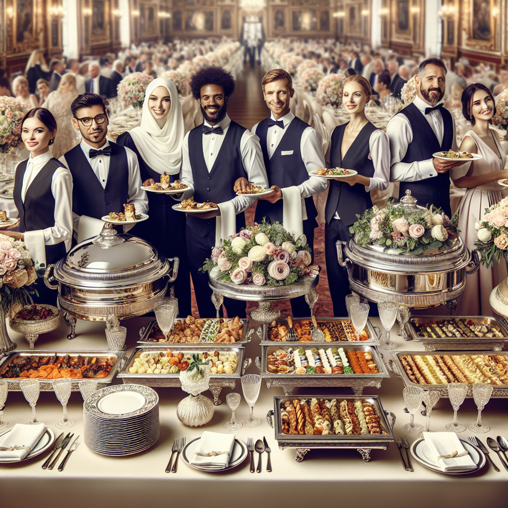 Service de traiteur pour mariage élégant avec buffet varié et tables dressées.