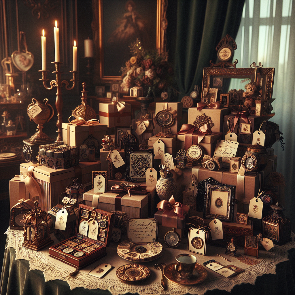 Table de cadeaux personnalisés avec étiquettes nominatifs, dates, et photos du couple, décorée de manière élégante et chaleureuse.