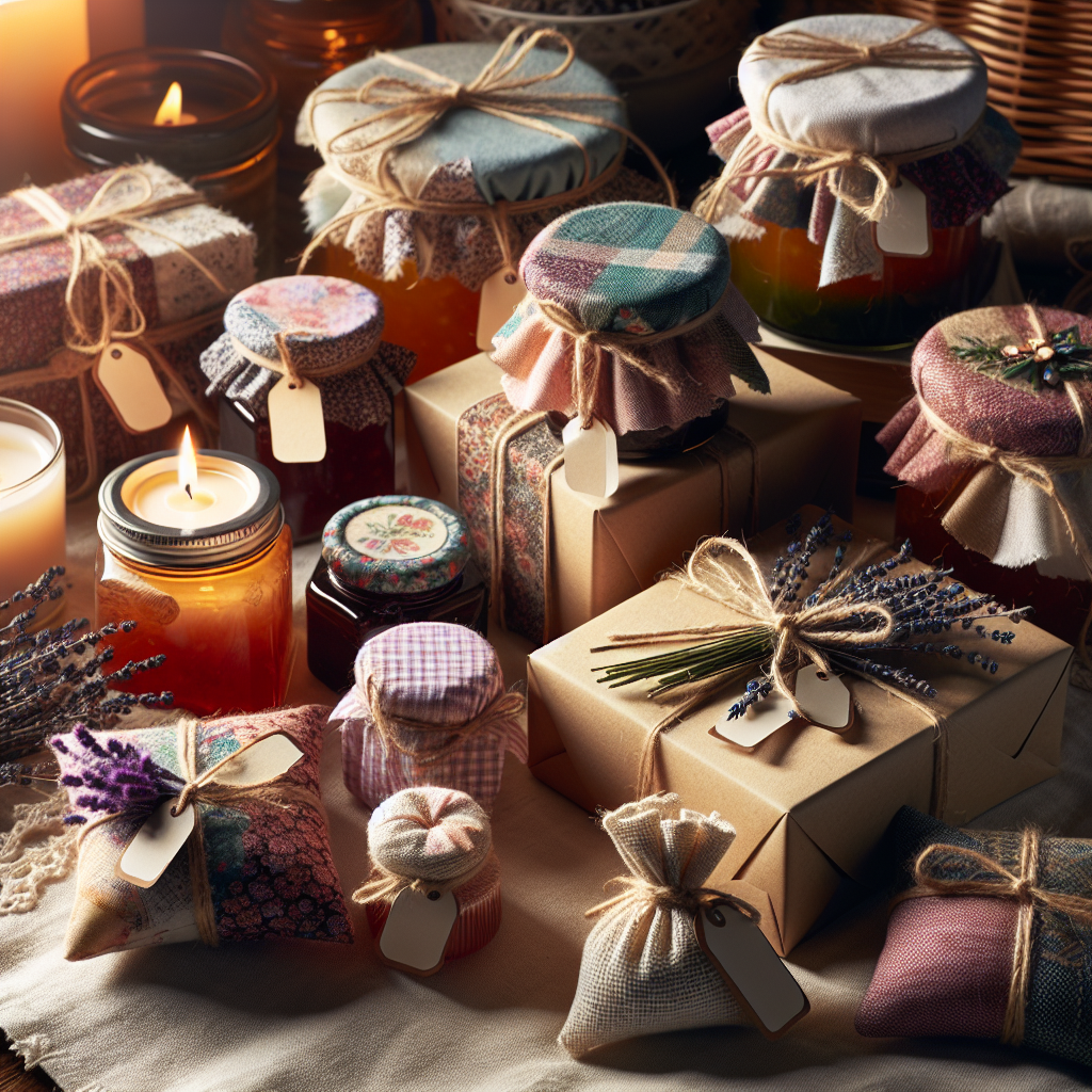 Une collection de cadeaux maison pour invités comprenant des pots de confiture, des bougies parfumées et des sachets de lavande, joliment emballés avec des morceaux de tissu, des ficelles de jute et des étiquettes personnalisées.