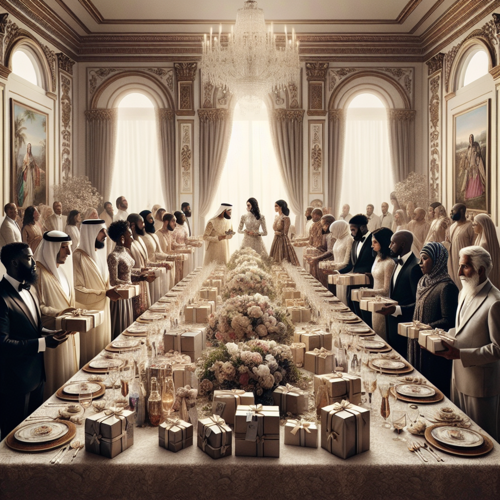 Table décorée avec des cadeaux pour les invités à chaque place lors d'un mariage, certains invités reçoivent des cadeaux à la sortie de la cérémonie distribués par le couple.
