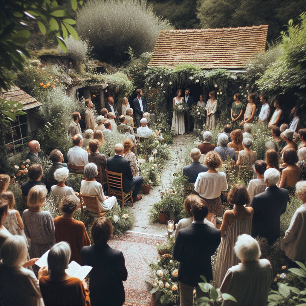 Cérémonie de mariage intime et simple dans un jardin familial avec un petit groupe de proches.