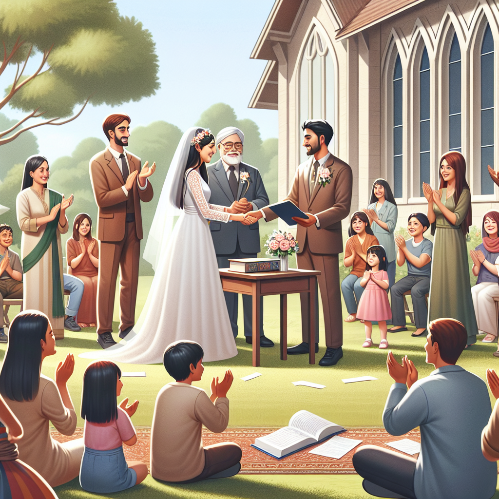 Une cérémonie de mariage en plein air où un couple reçoit leur livret de famille d'un officiel. Une église est visible en arrière-plan pour une cérémonie religieuse potentielle. Les invités applaudissent joyeusement.