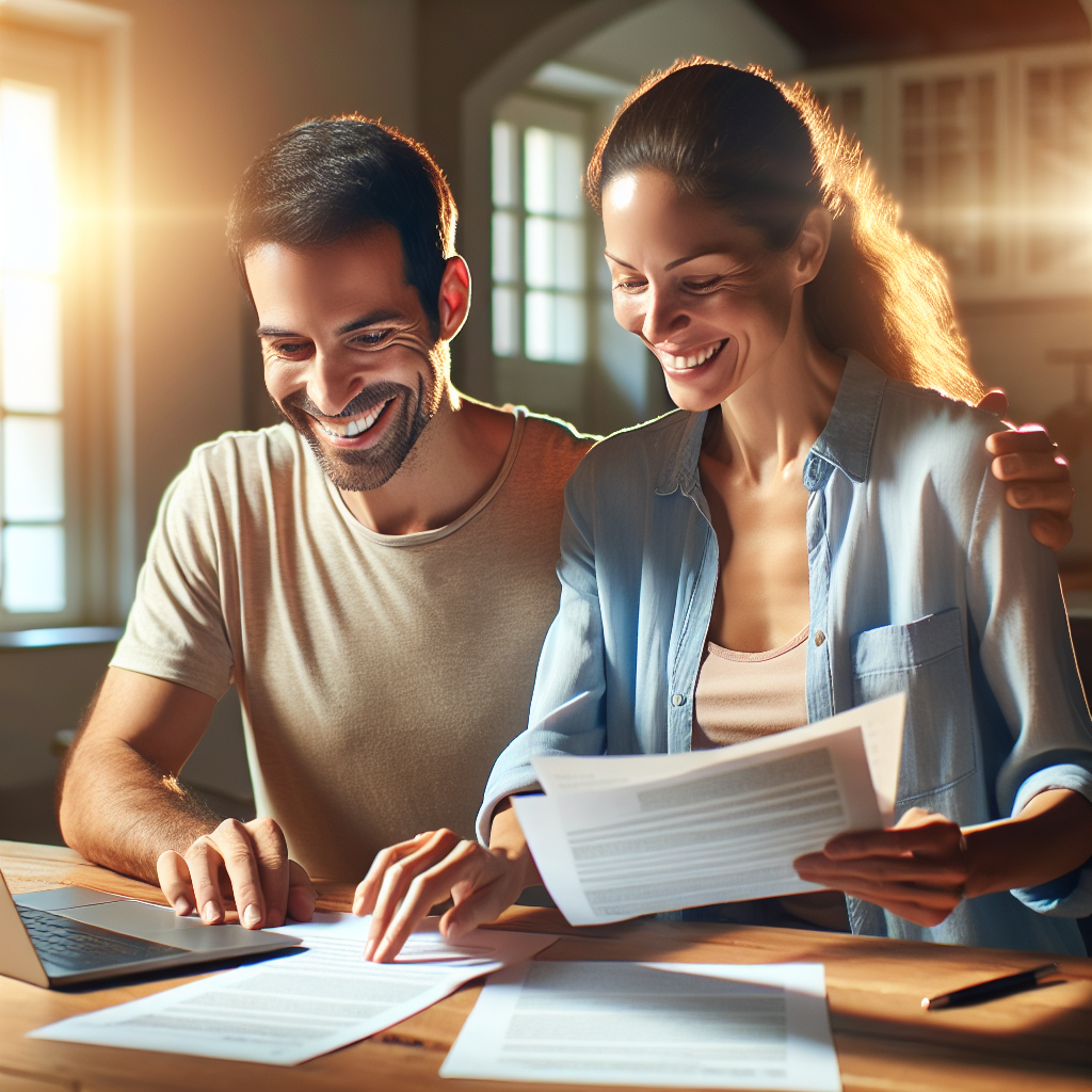 Un couple heureux révisant et mettant à jour leurs contrats d'assurance à la maison. Le couple est assis à une table avec des documents et un ordinateur portable devant eux. L'atmosphère est chaleureuse et positive, symbolisant de nouveaux départs et de meilleures offres.