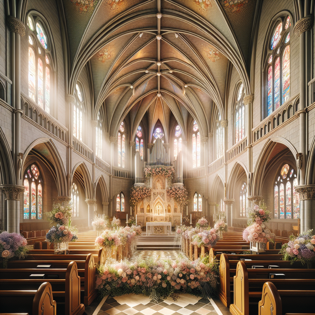 Intérieur d'une chapelle décorée pour une cérémonie de mariage, avec un autel décoré et des vitraux colorés.