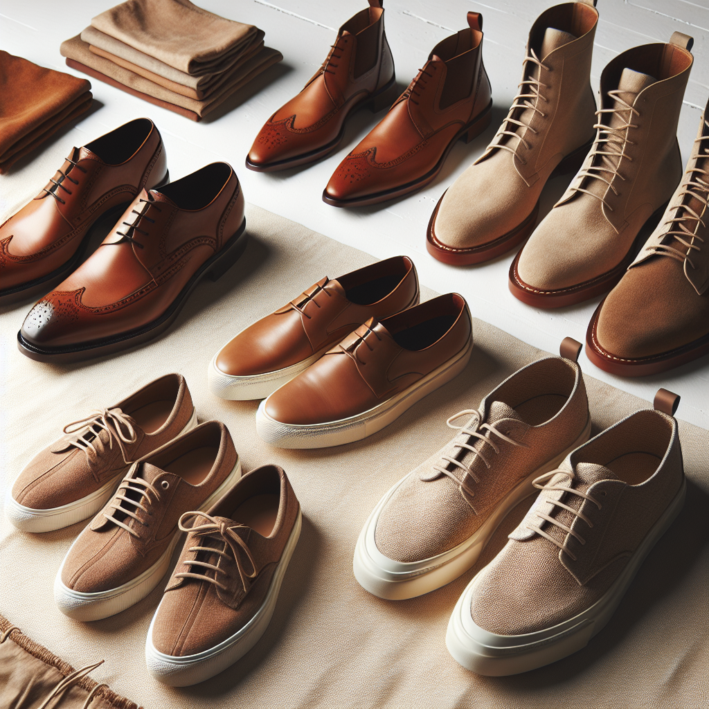 Différents types de chaussures élégantes, y compris des derbys en cuir marron, des mocassins en daim et des baskets sobres.