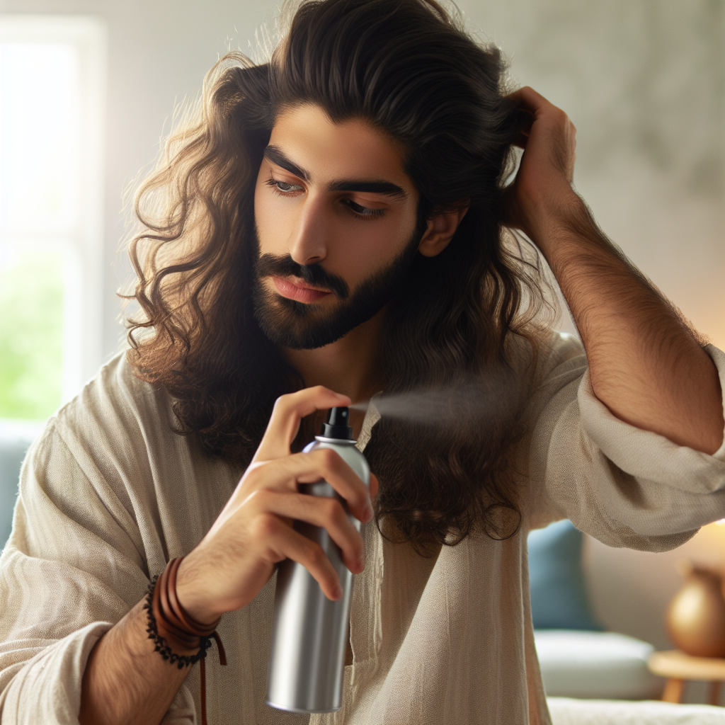 Une personne appliquant du spray texturisant sur ses cheveux ondulés pour maintenir une coiffure bohème durable.