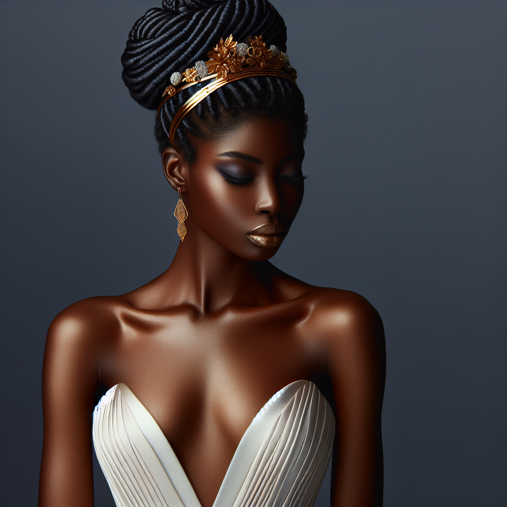 Coiffure de chignon banane revisitée, mettant en avant des torsades ou des accessoires modernes, avec une nuque dégagée et un port de tête gracieux.