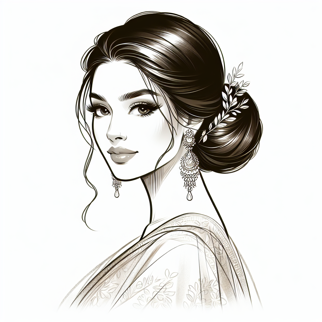 Une mariée avec un chignon bas chic, mettant en valeur ses traits, ornée de boucles d'oreilles longues et d'un diadème, avec des accessoires comme des fleurs et un voile.
