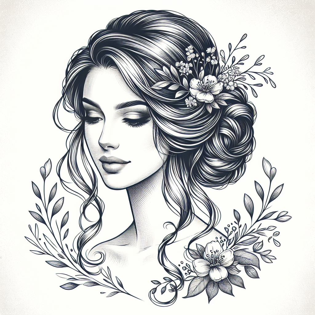 Un chignon bas romantique pour cheveux mi-longs, avec quelques boucles lâches autour du visage et des accessoires floraux délicats, idéal pour les mariages et les occasions spéciales.