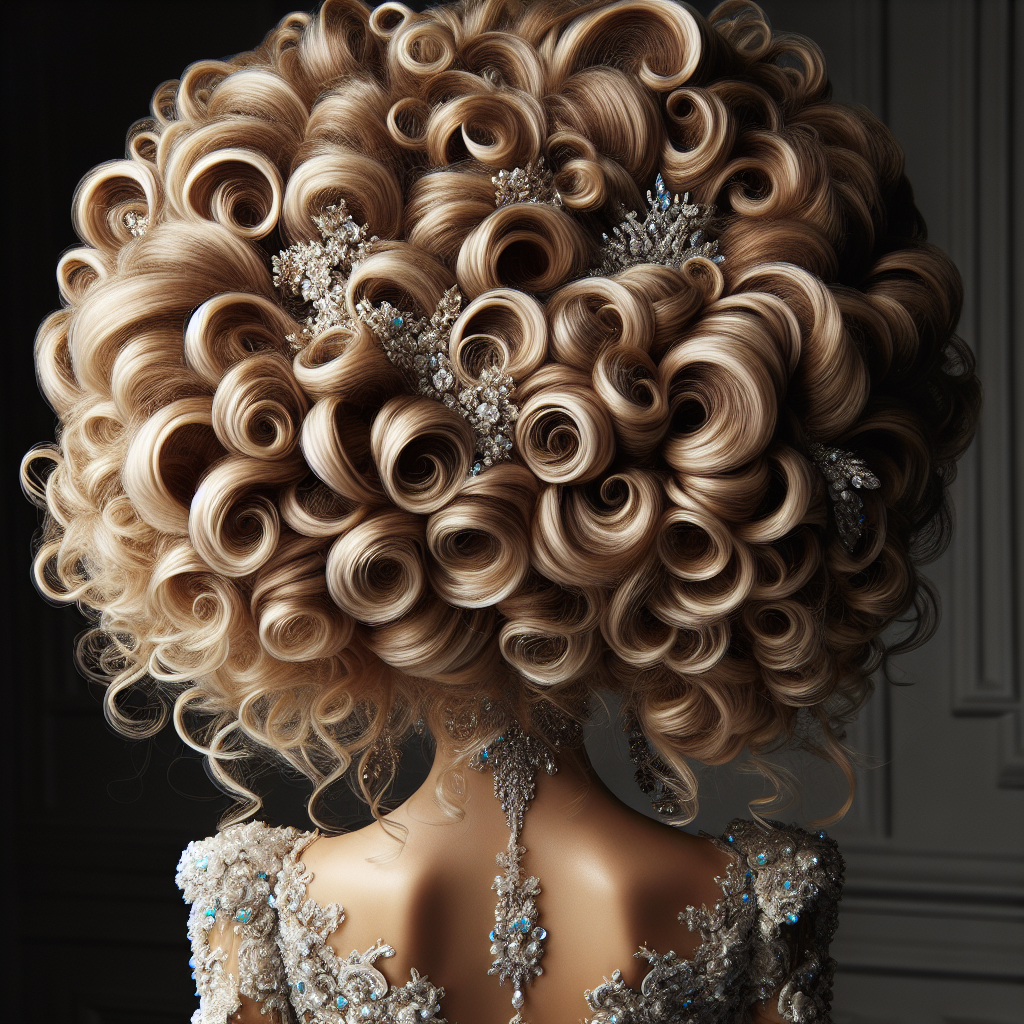 Chignon bouclé au style de princesse, avec beaucoup de volume et de texture, idéal pour une mariée avec une robe volumineuse et des accessoires scintillants.