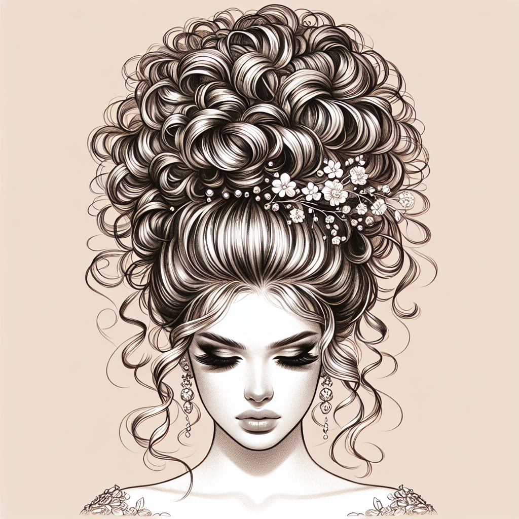 Une femme avec un chignon haut bouclé volumineux, idéal pour les visages longs et carrés, avec des touches de fleurs et de perles.