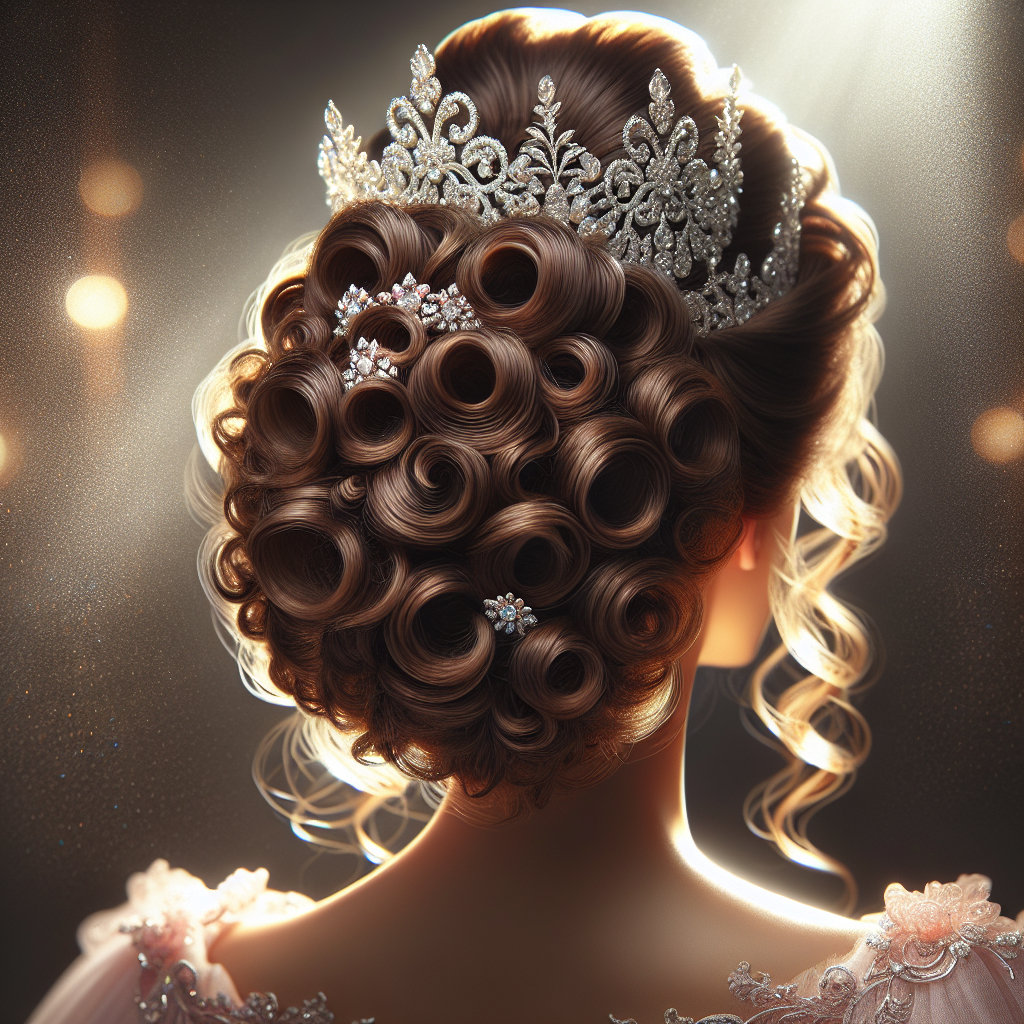 Une coiffure de chignon princesse avec des boucles soignées et du volume, ornée de diadèmes scintillants et de barrettes, idéale pour un mariage féerique.