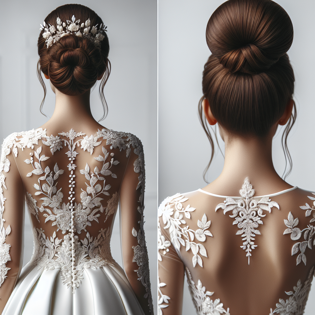 Une robe de mariée avec des détails élaborés sur le col et le dos, complétée par un chignon bas pour mettre en valeur les détails de la robe, ou une robe de mariée épurée sublimée par un chignon haut et élaboré. L'ensemble est harmonieux.