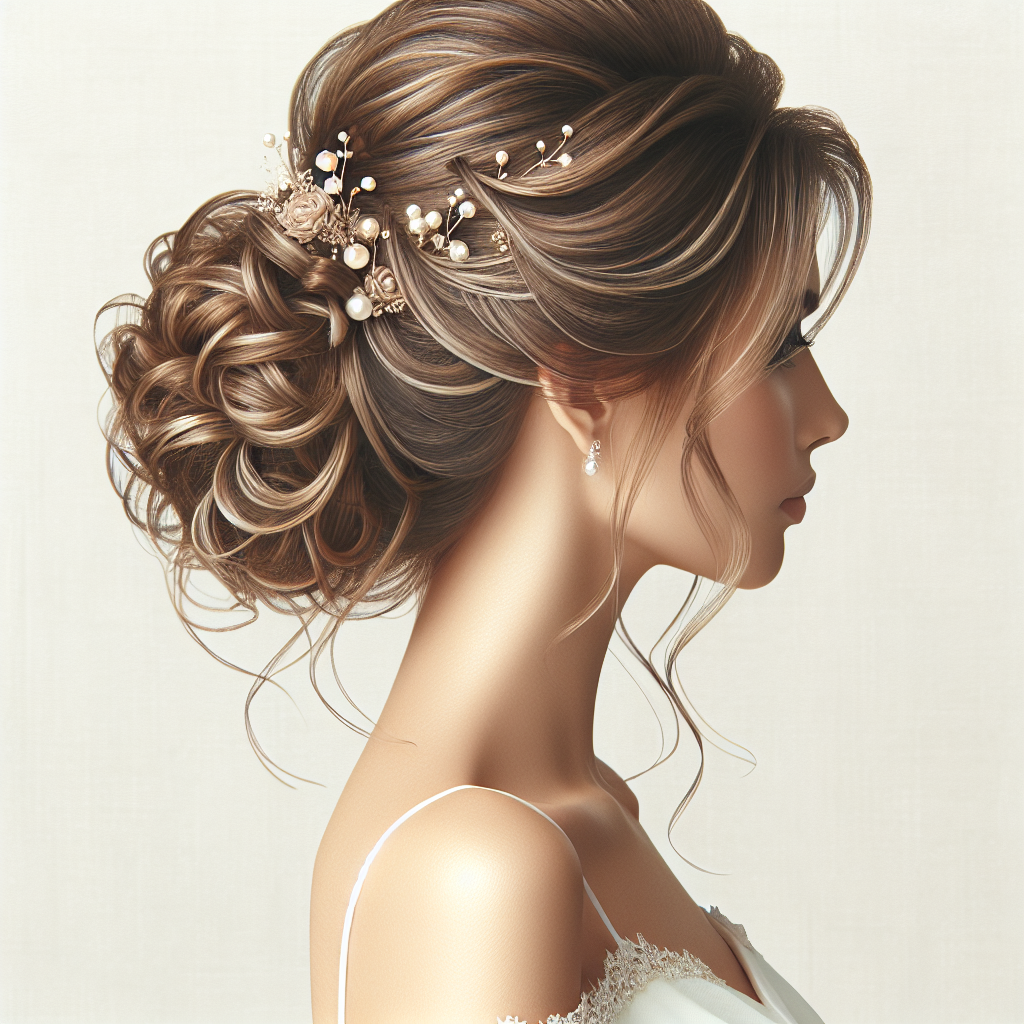 Coiffure de mariage avec un chignon romantique, des boucles douces et des mèches libres encadrant le visage, ornée de perles et de rubans.