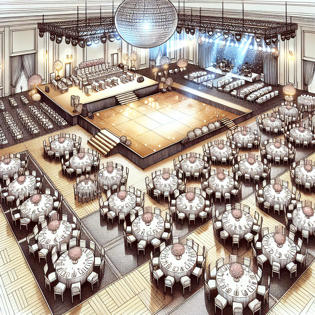 Grande salle d'événement avec des tables, des chaises, une piste de danse et une scène.