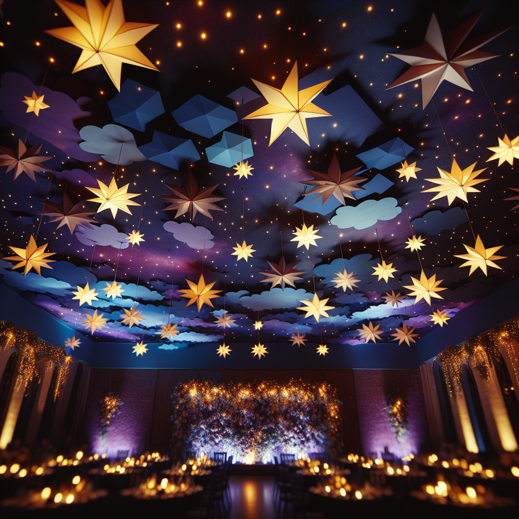 Un plafond transformé en ciel étoilé avec des étoiles en papier, disposées de manière irrégulière pour un effet naturel, créant une ambiance intime et magique pour un mariage en soirée.
