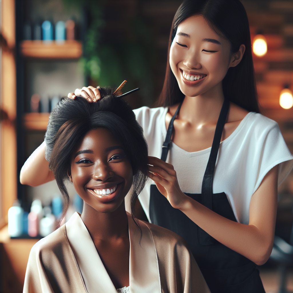 Un coiffeur amical et réconfortant avec un sourire chaleureux, coiffant les cheveux d'une mariée dans un salon confortable, créant un lien spécial et assurant que la mariée se sente détendue et heureuse.