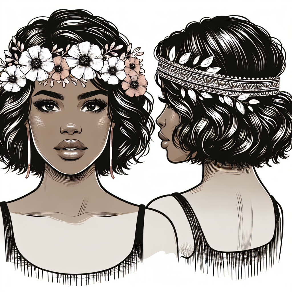 Une femme avec des cheveux courts ondulés, portant une couronne de fleurs et un headband, arborant un style bohème élégant.