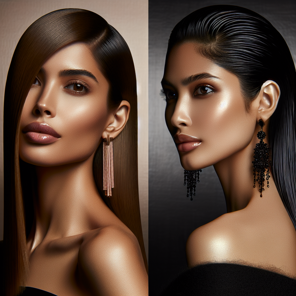 Une femme présentant des coiffures intemporelles : l'une avec des cheveux parfaitement lissés et l'autre avec un look mouillé chic. La première femme a des cheveux lisses et brillants obtenus avec un fer à lisser et un sérum. La deuxième femme affiche un look moderne et sophistiqué, avec les cheveux peignés en arrière et stylisés avec du gel, complétés par des boucles d'oreilles pendantes.