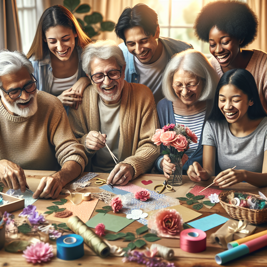Des membres de la famille collaborant pour créer des invitations, décorations et marques-places fait-main dans une ambiance chaleureuse et conviviale.