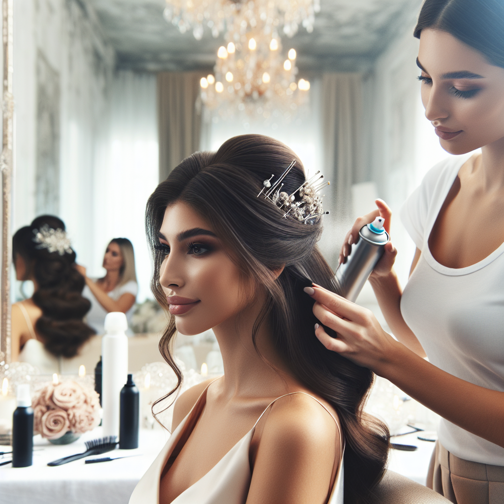 Une mariée se faisant coiffer par un coiffeur, utilisant des épingles à cheveux de qualité et appliquant un fixatif longue tenue.