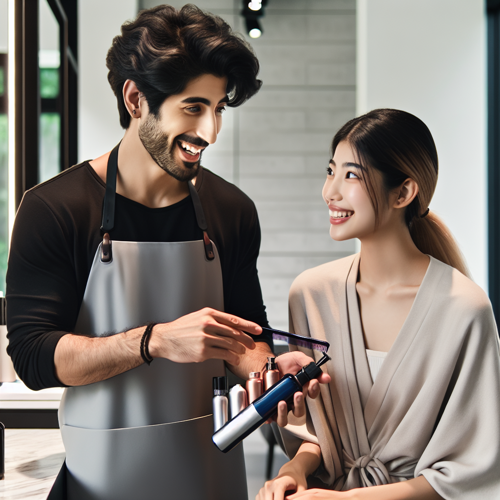 Consultation entre une cliente et une coiffeuse dans un salon moderne. La coiffeuse écoute attentivement et montre des produits capillaires et des références de style à la cliente. Toutes deux sourient et sont engagées dans la discussion.
