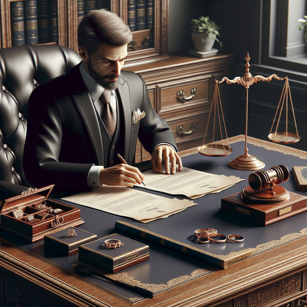Un document de contrat de mariage examiné par un notaire, avec des éléments symboliques comme des alliances, une balance de justice et des documents de succession.
