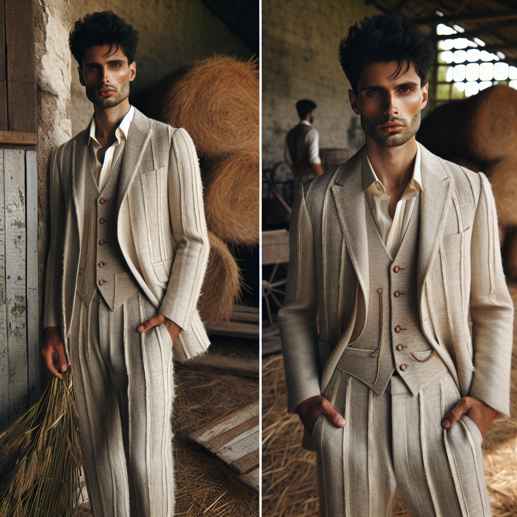 Un homme portant un costume trois-pièces beige ou gris clair en lin ou chanvre, idéal pour un mariage champêtre chic en été, avec en alternative un gilet assorti et un pantalon élégant.