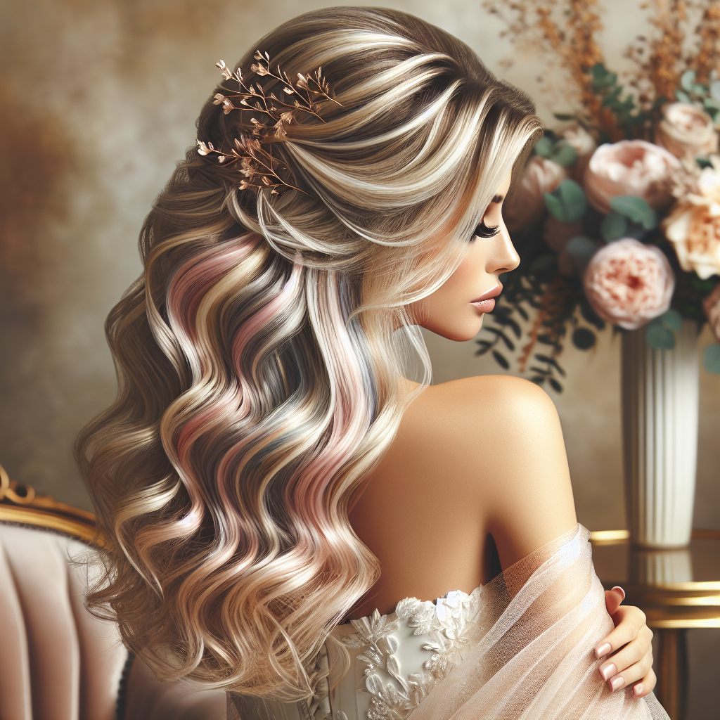 Une coiffure de mariage luxueuse avec des reflets dorés et des teintures originales pastel, incluant des mèches blondes et des nuances de rose et de bleu.