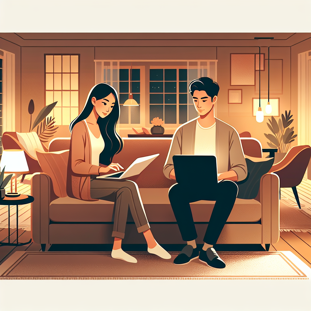 Un couple lisant des avis en ligne et des lettres de recommandation sur une tablette ou un ordinateur portable, assis dans un salon confortable.