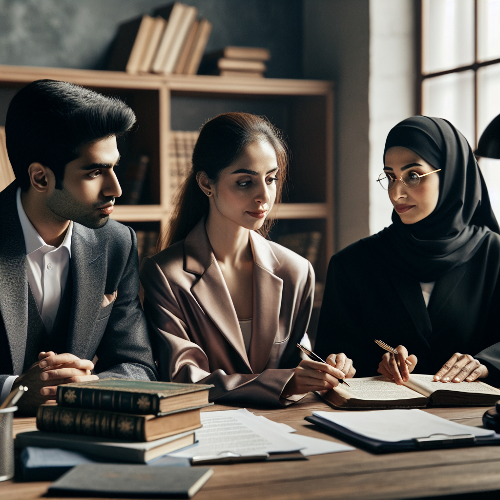 Un couple assis à un bureau avec des papiers et un avocat, discutant d'un contrat de mariage. L'environnement est sérieux, avec des documents et peut-être des livres de droit sur la table. Le couple est attentif à la conversation.