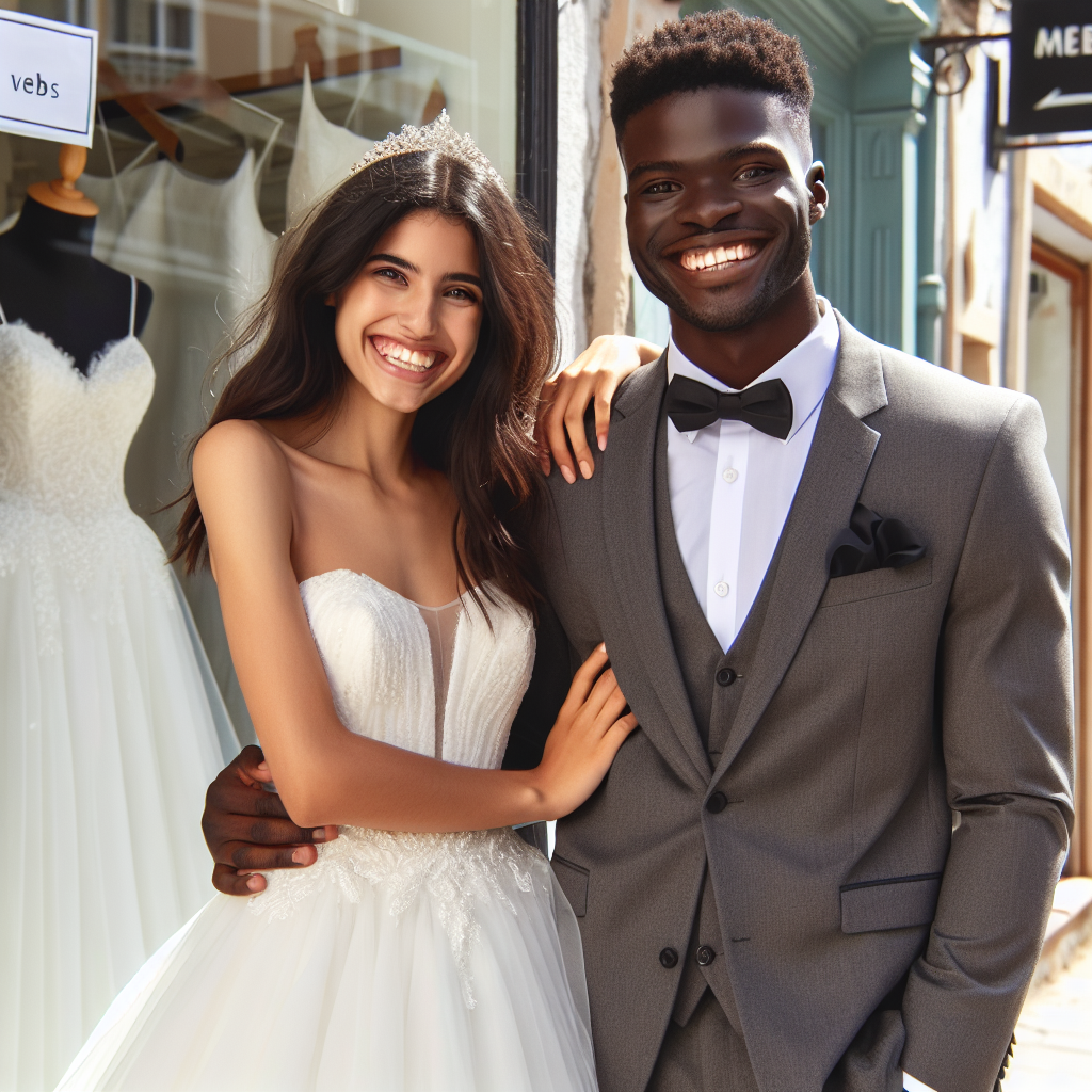 Un couple heureux le jour de leur mariage, portant une belle robe de mariée louée et un costume élégant loué, devant une boutique spécialisée dans la location de vêtements de mariage.