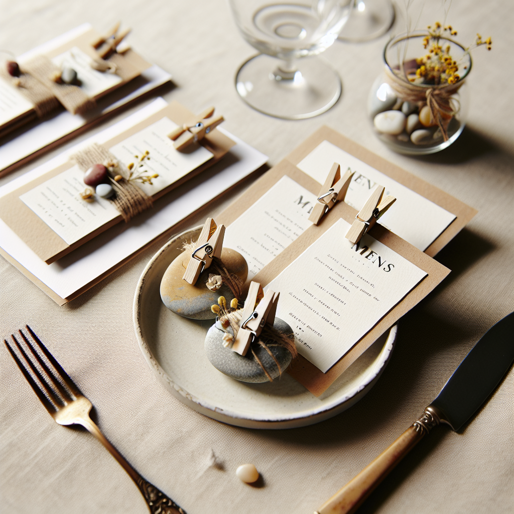 Accessoires de table personnalisés pour un mariage, incluant des marque-places faits main en carton, des pinces à linge décorées et des galets peints, ainsi que des menus élégants imprimés sur du papier de qualité et attachés avec une petite cordelette.