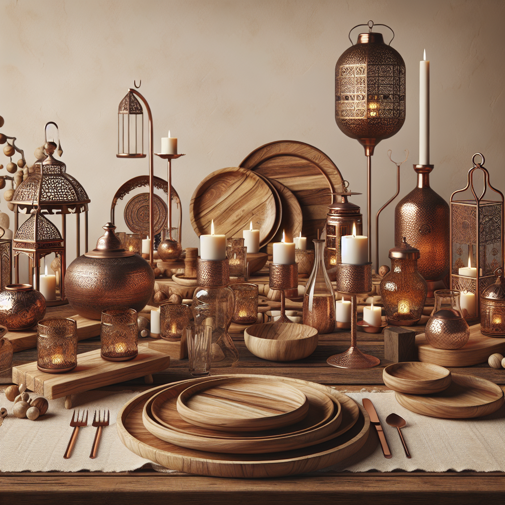 Une scène de décoration bohème avec des sous-assiettes en bois, des plateaux, des supports de centre de table en bois, des bougeoirs et lanternes en cuivre et en fer forgé, ainsi que des vases et des carafes en verre.