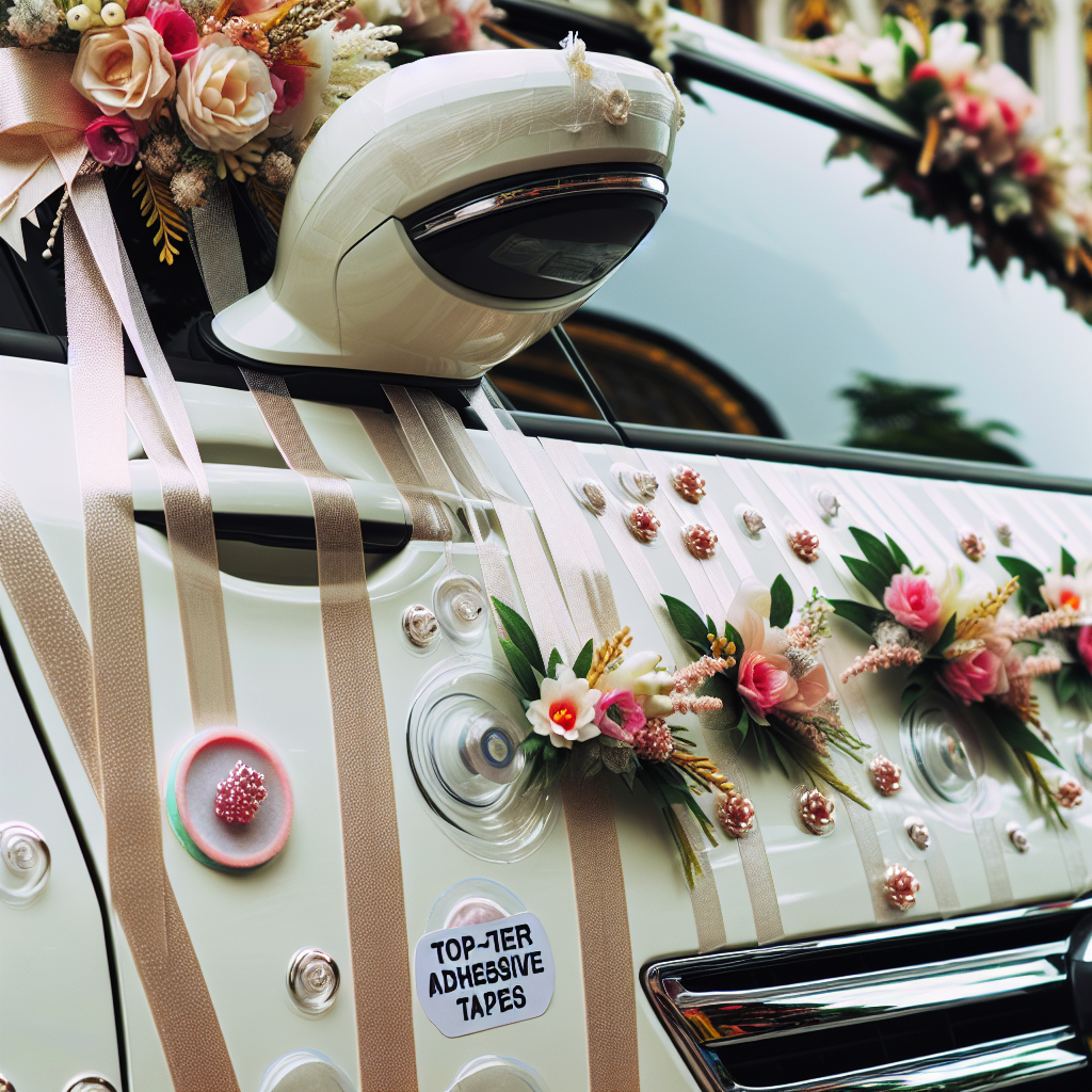 Une voiture décorée pour un mariage avec des rubans et de petites fleurs fixés à l'aide de rubans adhésifs et de ventouses.