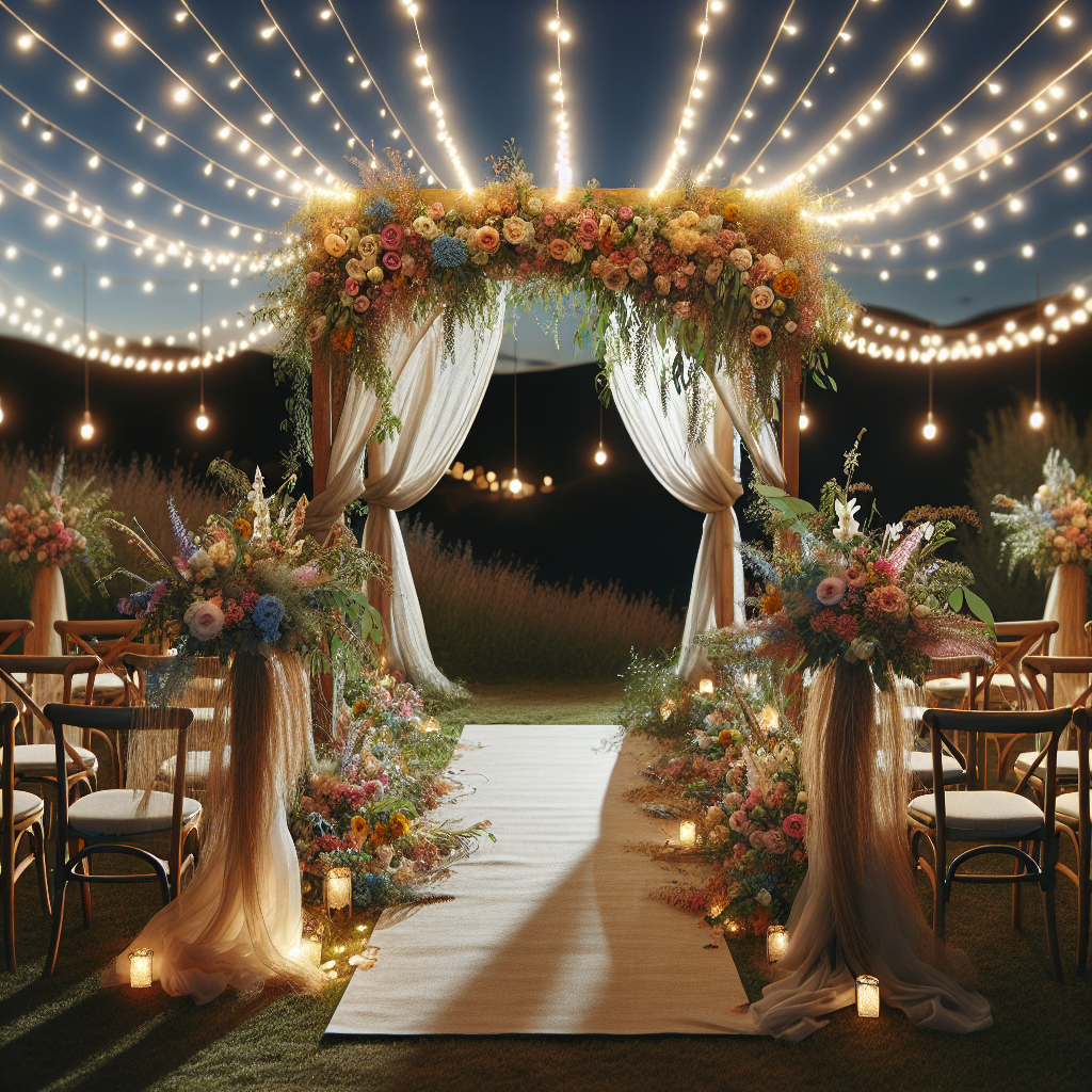 Une décoration romantique pour une cérémonie de mariage avec une arche en bois ornée de fleurs et de tissus légers, illuminée par des guirlandes lumineuses en soirée. Les chaises des invités sont couvertes de housses en lin avec des bouquets de fleurs sauvages attachés avec du raphia.