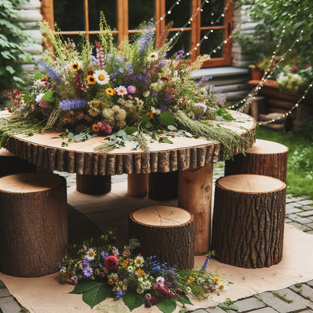 Décoration extérieure rustique avec des rondins de bois et des fleurs sauvages en bouquets et guirlandes