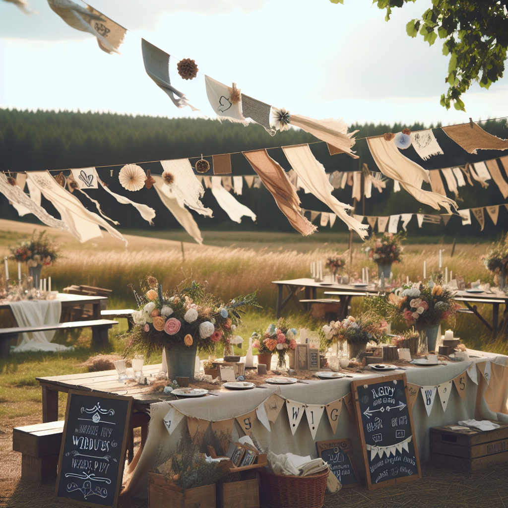 Décor champêtre DIY pour un mariage avec des fanions en tissu, des guirlandes de fleurs en papier et des ardoises personnalisées.