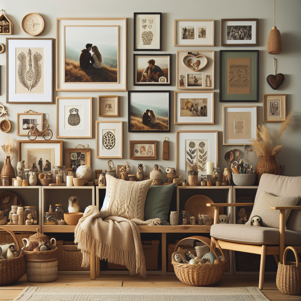 Salon cosy personnalisé avec des photos de couple encadrées, des souvenirs uniques et des objets faits main, créant une atmosphère chaleureuse et accueillante.