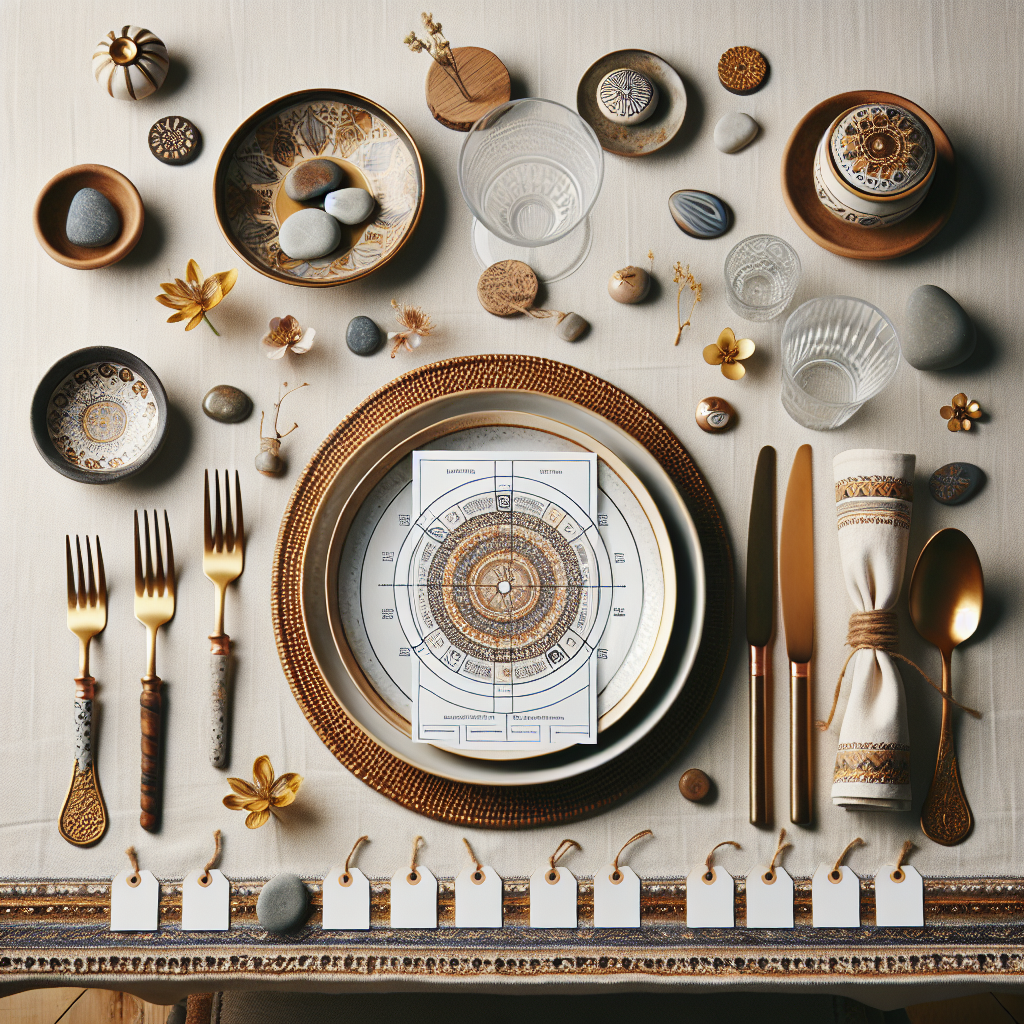 Décoration de table bohème chic avec vaisselle élégante et marque-places personnalisés