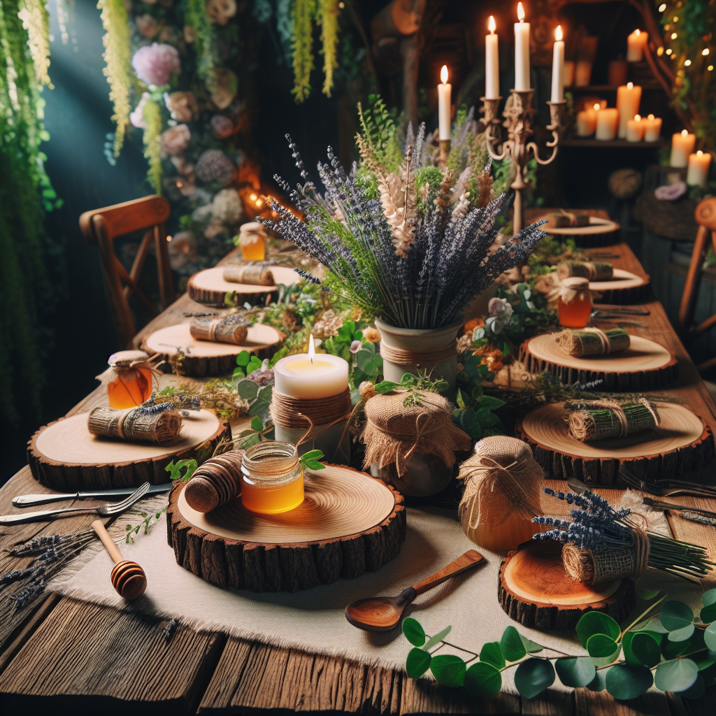 Décoration charmante et authentique avec des rondins de bois comme dessous de plat, des branches et des feuillages comme centre de table, et des sachets de lavande et pots de miel en cadeau pour les invités.